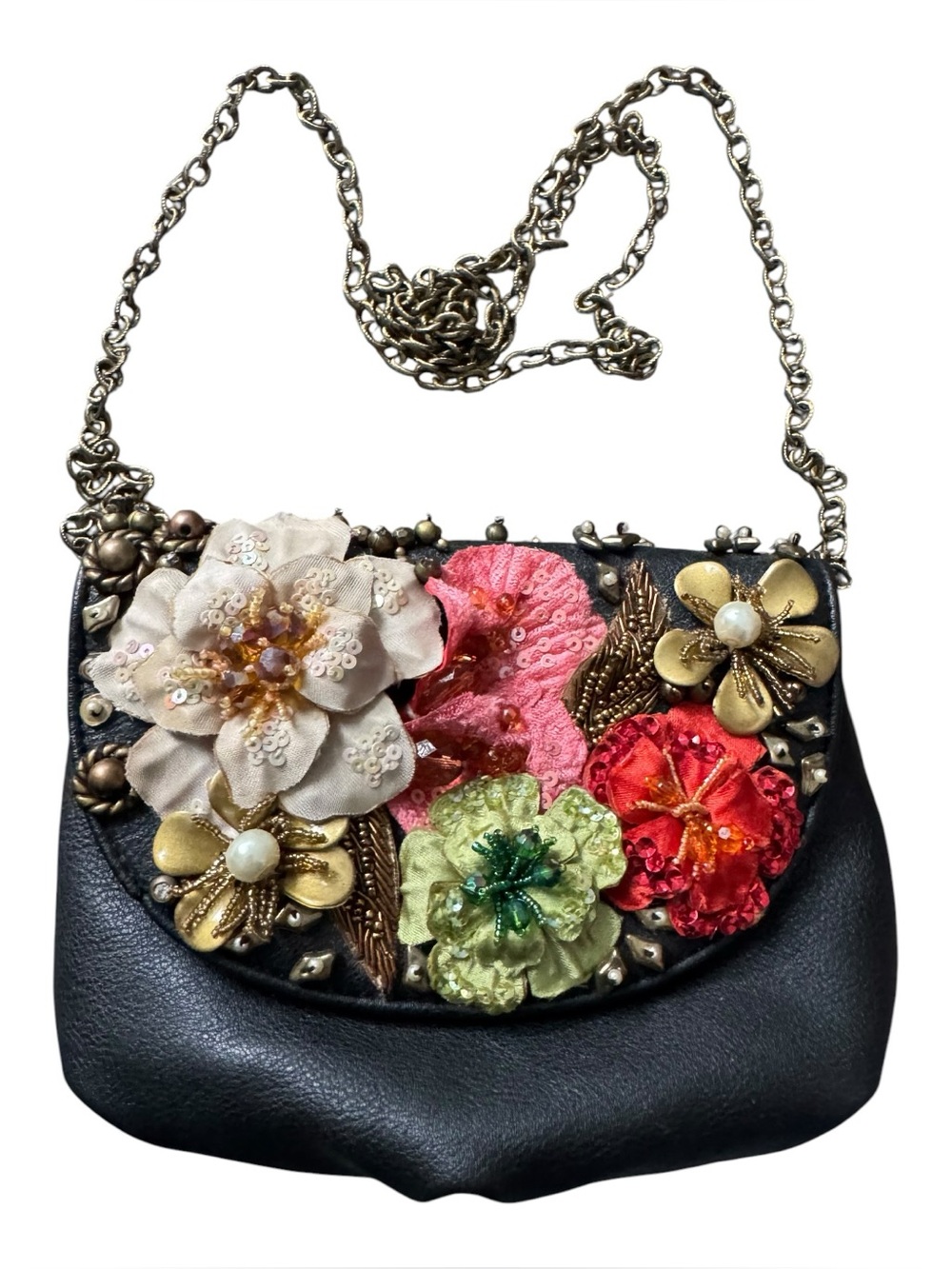 Mary Frances Beaded Floral Crossbody Bag Black Leather Chain